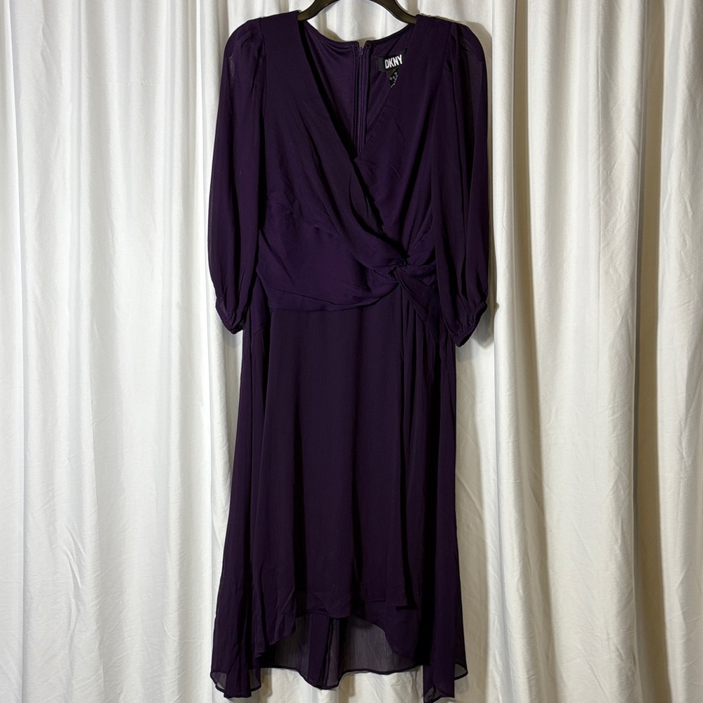 DKNY Purple Sheer V-Neck Faux Wrap Midi Dress 3/4 Sheer Sleeve Size 10 NWT